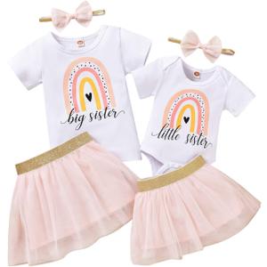 Big Sister Little Sister Matching Outfits Baby Girl Romper/Toddler Girl T-shirt Tops with Tutu Skirt Clothes Set (Pink, 120)