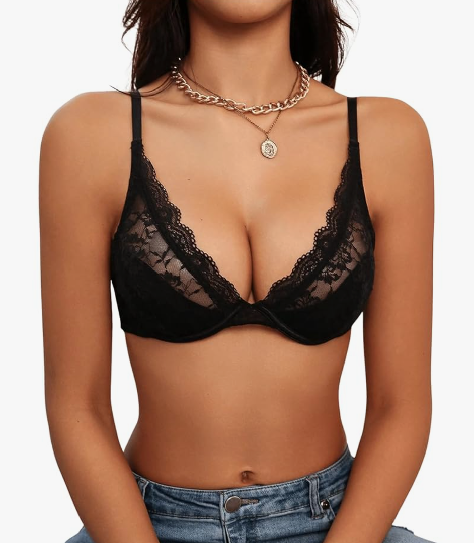 SOLY HUX Women's Sexy Lace Bras Underwire Everyday Bra Comfort Push Up Bralettes, Black, Large