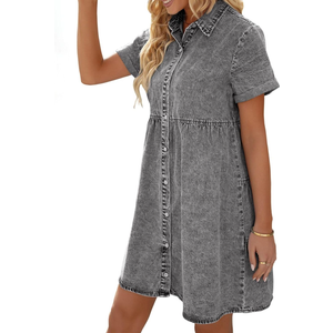 Wankang Denim Dress for Women Babydoll Tiered Short Sleeve Button Down Jean Shirt Dresses Casual Flowy Swing Short Dress 2XL