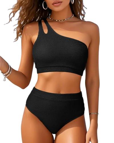 High Waisted Ribbed Bikini Swimsuit - Women Two Piece Bathing Suit One Shoulder Swimwear 2025 Black. Size M