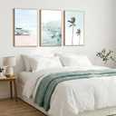 CHDITB Coastal Palm Tree Framed Wall Art, Seaside Beach Surfing Posters, 24"L x 36"W