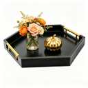 Dugunusu Hexagon Decorative Serving Tray with Polished Gold-Tone Metal Handles, Black Glossy Finish, Large Ottoman and Coffee Table Tray, 17.7x15.4x2 Inch (Black)