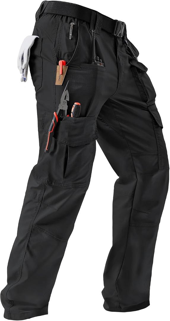IGOLUMON Men's Tactical Work Pants Ripstop Cargo Pants 10 Pockets | Ripstop Mens Work Pants with Flexible Comfort, Utility Storage and Ergonomic Fit for Construction, Hiking, Camping, Outdoor (Black, M)