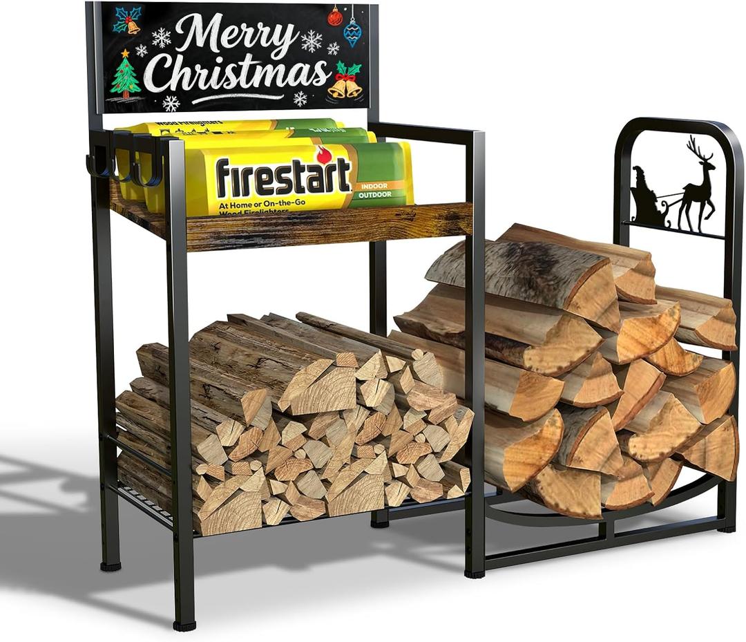 YIYYZI Firewood Rack, 35 in Decorative Firewood Storage Log Rack with Christmas Pattern, Solid Iron Indoor Outdoor Firewood Holder for Fireplace Wood Storage with 3 Fire Tools Hanging Hooks, Black