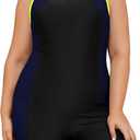 SHEKINI Women Plus Size One Piece Athletic Bathing Suit Boyleg One Piece Swimsuit Sporty Plus Size 1 Piece Swimwear (XX-Large Plus, Black Blue)