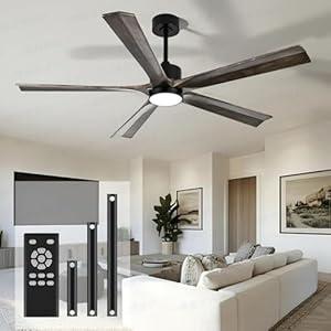52 In Outdoor Ceiling Fan with Light and Remote Control Wood Indoor Modern Ceiling Fans for Patios Garage Bedroom Living Room 5 Blade Big Waterproof Grey Fan for Flat Sloped Angled Ceiling