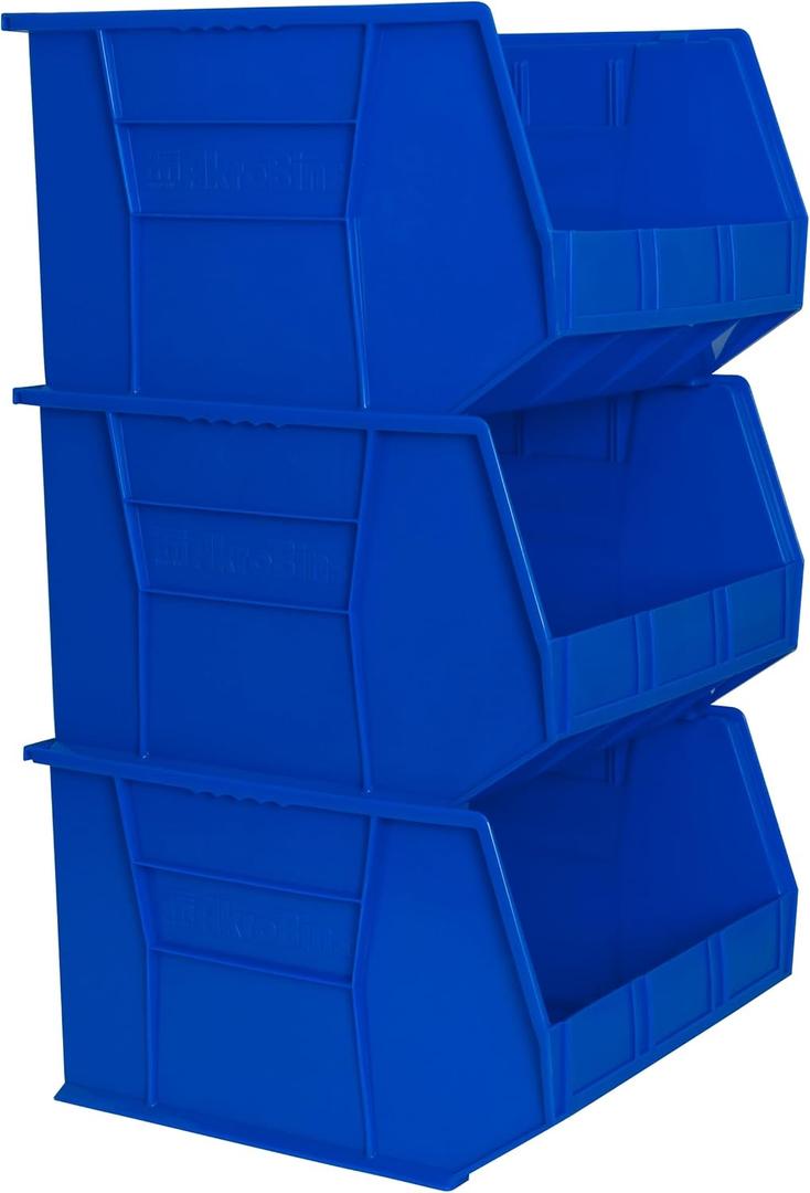 Akro-Mils 30270 AkroBins Plastic Storage Bins, Space-Saving Stackable Bins for Garage, Pantry, Craft Organization, 18" x 16" x 11", Blue, 3-Pack