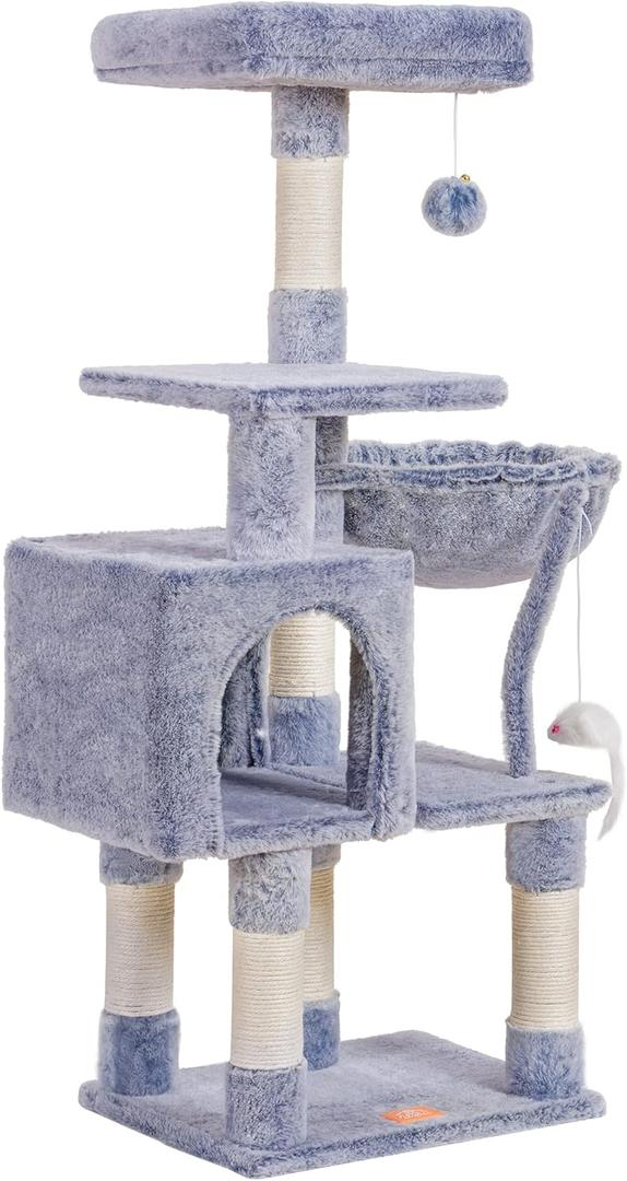 Heybly Cat Tree with Toy, Cat Tower condo for Indoor Cats, Cat House with Padded Plush Perch, Cozy Hammock and Sisal Scratching Posts, Pewter HCT004SPE (43.3 inch)