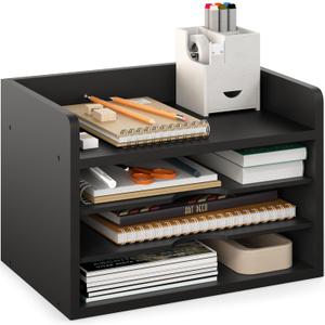 Ballucci File Organizer, 4-Tier Office Desk Organizer, Open Top Wood Paper Organizer for Classroom, Desktop Mail Sorter Paper Tray, Black