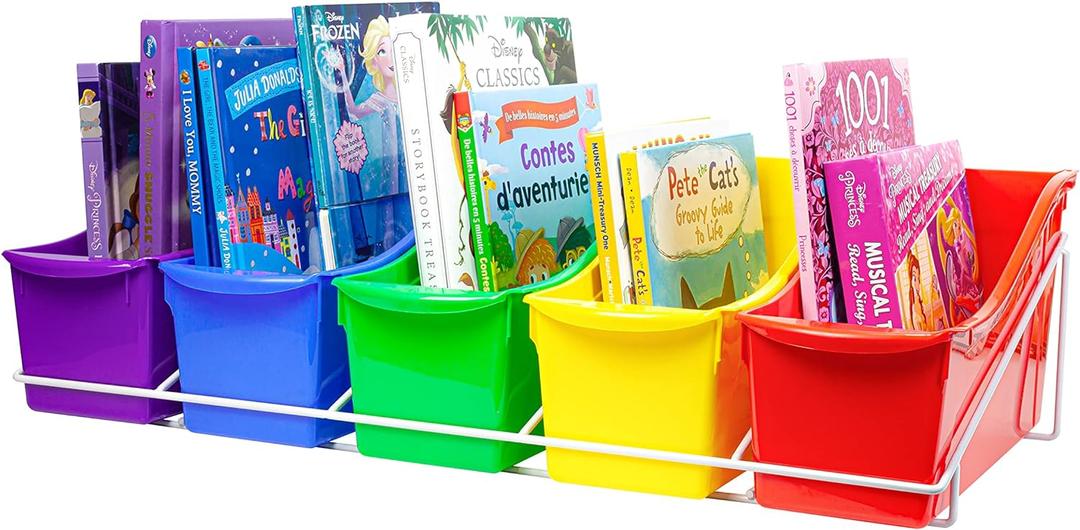 Storex Large Book Bins, Set of 5, Metal Shelf Rack Included, Assorted Colors (71125U01C)