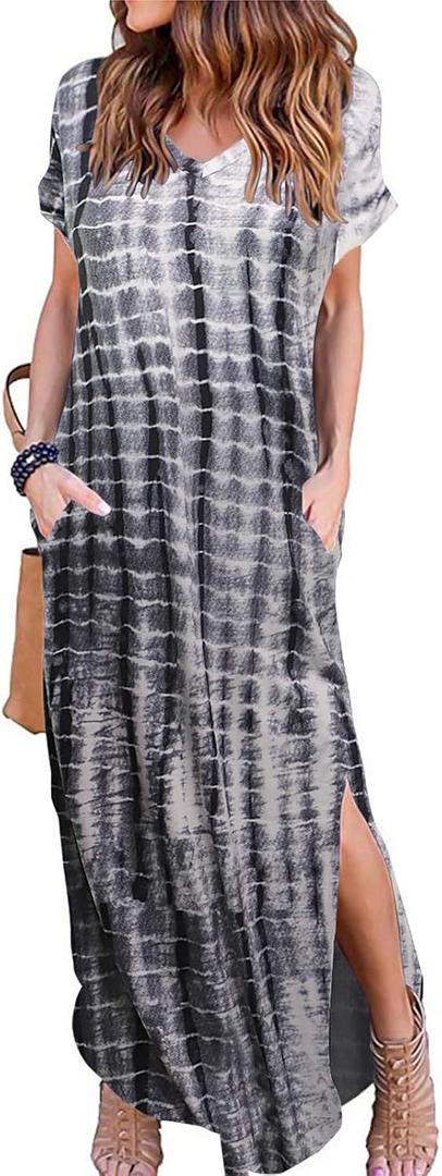 HUSKARY Women's Summer Maxi Dress Casual Loose Pockets Long Dress Short Sleeve Split Maxi Dresses, L