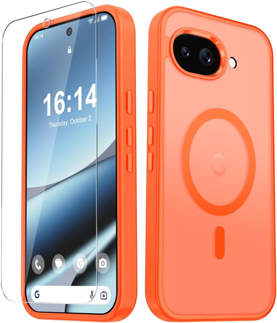 for Google Pixel 10a Case, Matte Magnetic Phone Cover [with 1 Screen Protector] [Support for MagSafe] [Shockproof Military Grade Protection] Translucent Frosted Back, Orange