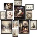 Pack of 2, Skyists Vintage Christmas Wall Art Prints Christmas Wall Decor, Reindeer, Pine Tree, Santa Claus, Snowman, Winter Scene Decorations for Living Room, Bedroom (Unframed), 8X10-5X7-4X6