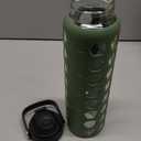 MUKOKO 32oz Glass Water Bottles with 2 Lids-Handle Spout Lid & Bamboo Straw Lid, Motivational Water Tumbler with Time Marker Reminder and Silicone Sleeve, Leakproof-Olive- Pack of 1