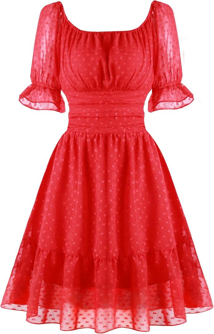 tagunop Women's Summer Casual Dress Smocked Square Neck Mini Dresses Ruffle Short Sleeve Sundress S