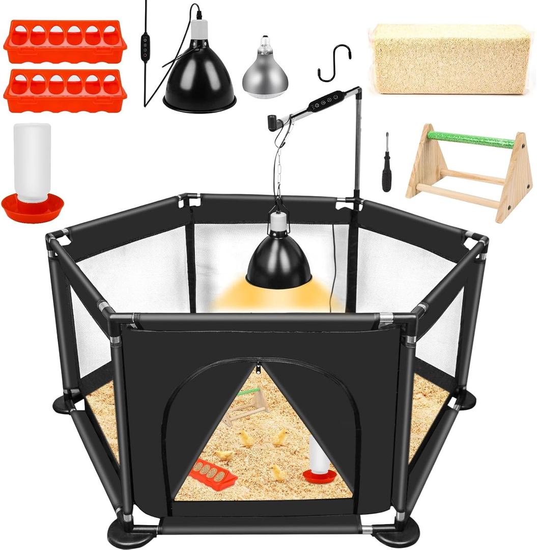 Chicks Brooder Box for Chicken Starter Kit- Includes Timing Heat Lamp Set, Detachable Chicken Brooder, Up to 15 Chicks, Sawdust, Chick Feeder and Waterer Set, Chick Perch 6-in-1 Chicken Coop Set.(B)