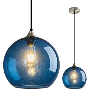 Blue Glass Pendant Lights Kitchen Island Lighting Globe Pendant Light Fixtures Modern Pendant Lighting for Kitchen Island Bedroom Living Dining Room Light Fixture(9.84in, 1-Pack)