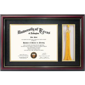 GraduationMall 11x17 Cherry Wood Diploma Frame with Tassel Holder for 8.5x11 Certificate Document,Real Glass,Black over Gold Mat