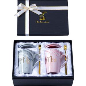 Luspan Wedding Gifts for Bride and Groom,Bridal Shower Engagement Gifts for Couples,Mr and Mrs Marble Coffee Mugs 14 Oz (Grey and Pink)