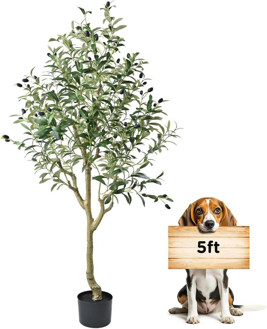 Artificial Olive Tree 5FT Olive Tree Indoor Floor Plant with 1482 Leaves Lush Large Artificial Plant Faux Olive Plant for Corner Bedroom Livingroom Patio Office