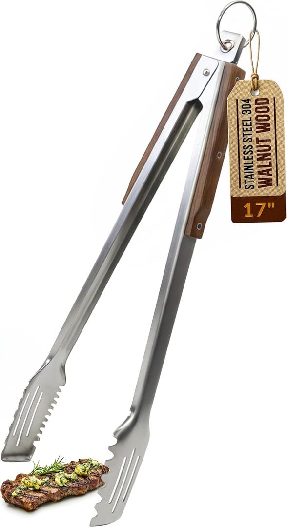 17-Inch Grill Tongs, Heavy Duty 304 Stainless Steel BBQ Tongs, Extra-Long Locking Grilling Tongs for Outdoor Grill & Smoker, Walnut Handle, Gift Pouch