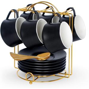 Lareina 7-Ounce Porcelain Cappuccino Cups Set of 6, Stackable Coffee Cups with Saucers, Spoons and Metal Stand-for Specialty Coffee Drinks, Cappuccino, Latte, Americano and Tea, Black
