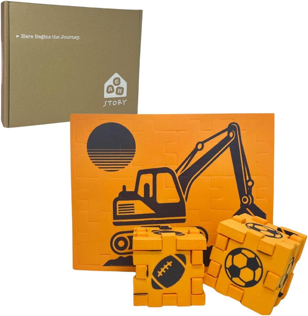 AEH Story 2D & 3D Foam Puzzle for Kids Ages 3+, Excavator Construction Travel Toy, Quiet Screen-Free Busy Bag for Airplanes & Road Trips, Montessori STEM Learning Activity  Orange