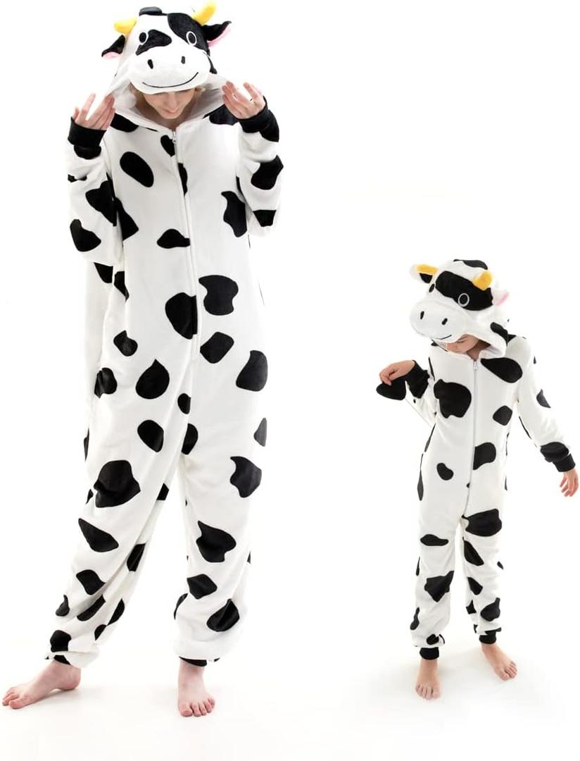 COSUSKET Fit Unisex Adult Cow Onesie Pajamas, Halloween Womens Cosplay Animal One Piece Costume (7-8 Years, White/Black)