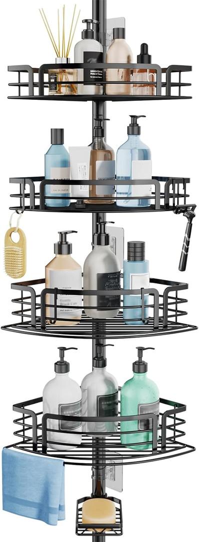 Consumest Corner Shower Caddy Tension Pole  Rustproof Shower Shelves with Towel Bar & Soap Holder, Adjustable Bath Organizer for Bathroom Storage, 27.6108.3 inch, Bronze