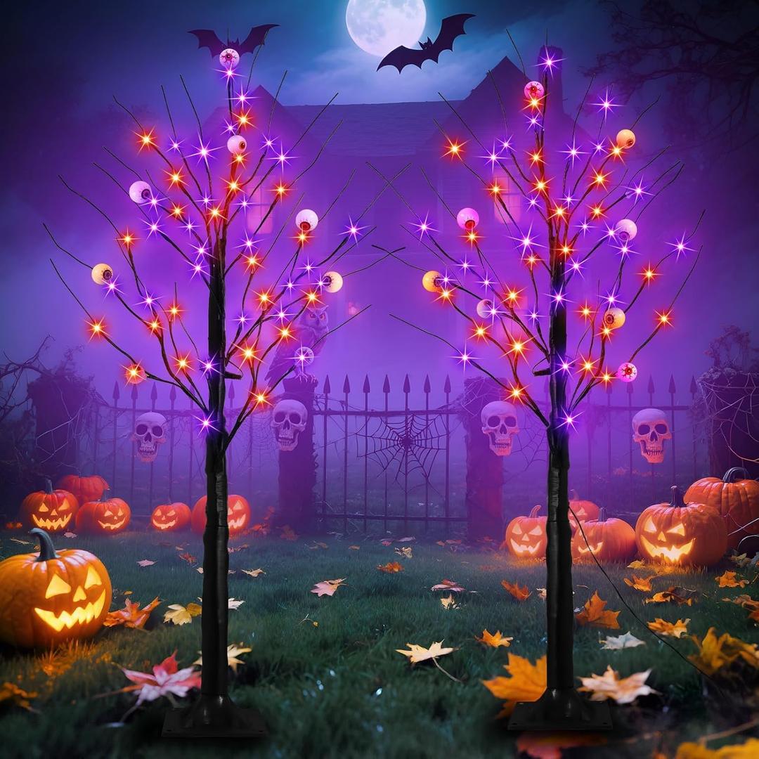 2 Pack 4FT Lighted Black Halloween Tree with 96 Purple & Orange Lights, Higher Size, Timer LED Soopky Tree Lights for Outdoor Garden Porch Home Yard Halloween Decoration
