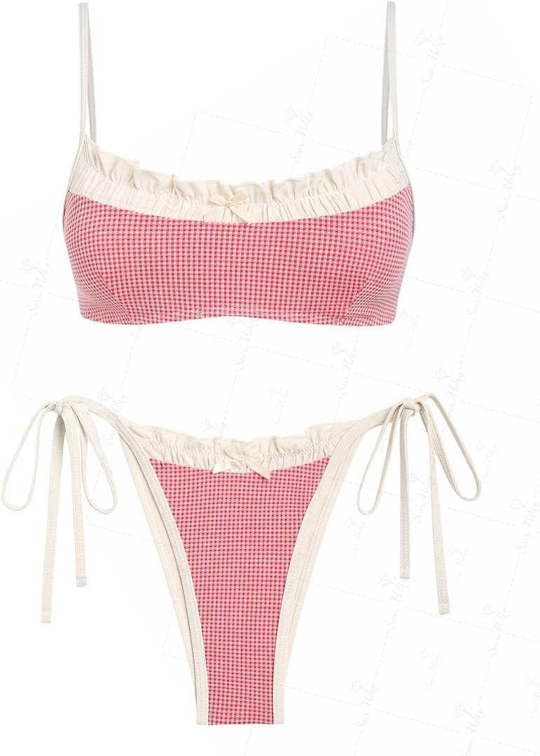 seamoly Gingham Spliced Ruched Ruffles Trim Bowknot Decor Tie Side Bikini Set (Small, Red)