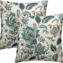 Teal Blue Flowers Throw Pillow Cover 18x18 Inch Pack of 2 Turquoise and Brown Floral Cushion Pillow Case Square Chinoiserie Cream Farmhouse Pillowcase for Party Bed Sofa Home Car Bedroom Outdoor