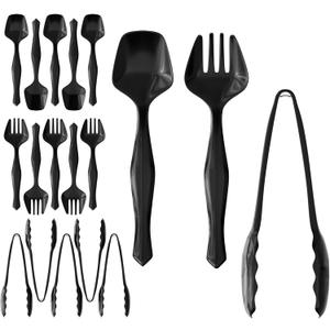18 Pcs Black Plastic Serving Utensils Set - 6 Black Plastic Serving Spoons, 6 Black Tongs And 6 Forks - Heavy Duty Black Disposable Serving Utensils Set For Parties