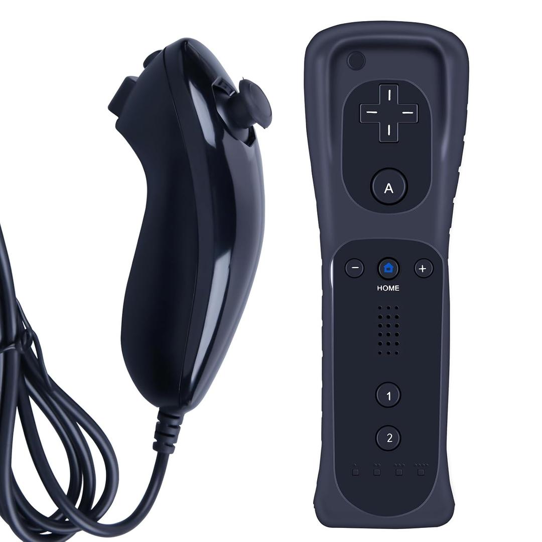 ZWP Replacement Remote Controller for Wii & Wii U, Built-in 2 in 1 Motion Plus with Silicon Case and Nunchuck (Black)