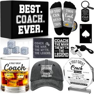 14 Pcs Coach Gifts for Men Whiskey Glass Set, Coaches Appreciation Gift with 11 Oz Whiskey Glass Coaster Stones Crystal Plaque Baseball Cap Socks Keychain Whistle, Best Coach Birthday Christmas Gift
