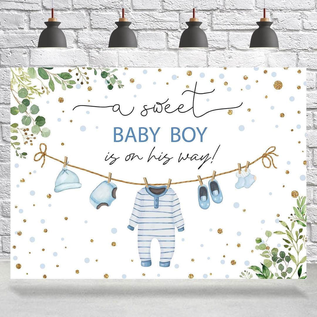 Baby Shower Backdrop for Boys Blue Gold Dots Jumpsuits A Sweet Baby Boy is On His Way Photography Background Kids Newborn Boys Birthday Party Decoration Supplies Banner Photo Booth Props 7x5ft