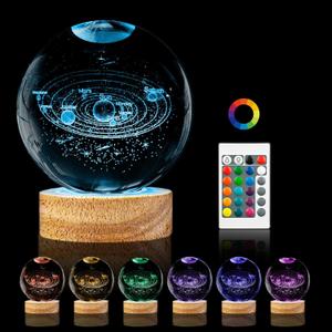 3D Solar System Crystal Ball Night Light,3.15in k9 Crystal Ball Lamp with 16 Colors Change,Wooden Base and Remote Control Decor Gifts for Kids (Solar System)