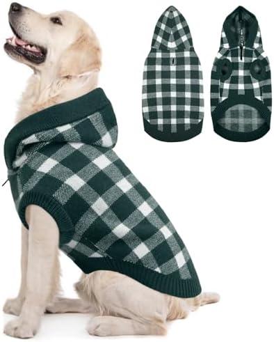 Kuoser Plaid Dog Sweater Hoodie, Warm Fleece Dog Sweaters for Large Dogs, XL Winter Knitwear Christmas Doggy Sweater, Cold Weather Pet Clothes for Girl Boy Dogs, Holiday Outfit and Gift, Green XL