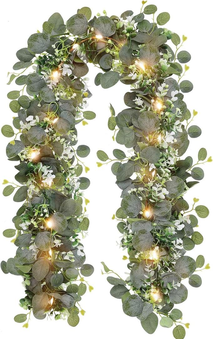 N&T NIETING 1 Pack Artificial Eucalyptus Garland with Lights, 6FT Artificial Greenery Garlands, Battery Operated Twig Vine for Room Stairs Mantle Wedding Holiday Easter Decoration Indoor Outdoor