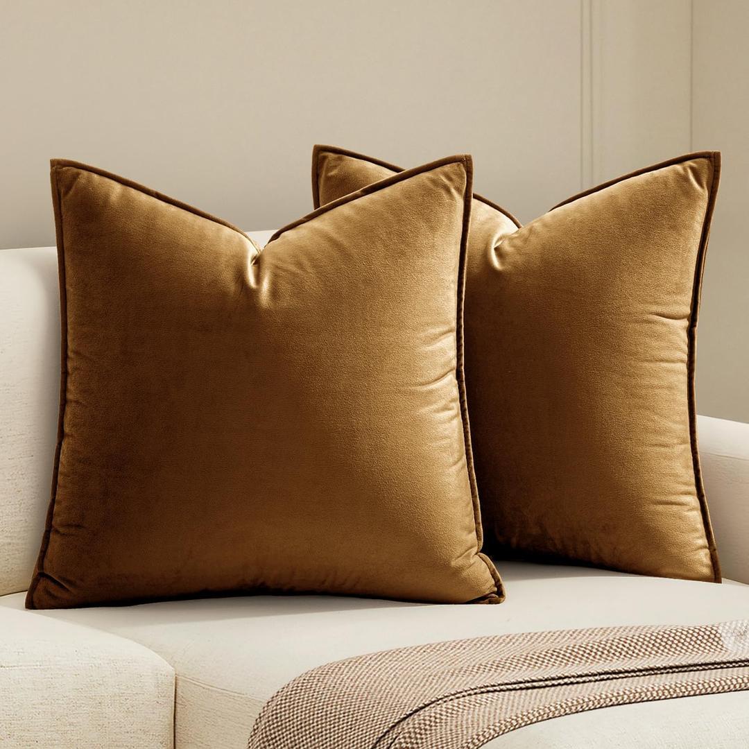 MIULEE Decorative Golden Brown Velvet Throw Pillow Covers for Couch 18x18 | 2 Pack, Soft Solid Square Pillow Covers, Modern Luxury Home Decor, For Sofa Bed Living Room