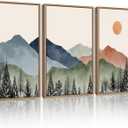 KUVIOKE Mountain Landscape Framed Wall Decor Boho Sun Rise Watercolor Nature Art Prints Farmhouse Rustic Bedroom Dining Living Room Decor 11x14in (Natural Framed) (14L" x 11W" x 3 Panels Natural)