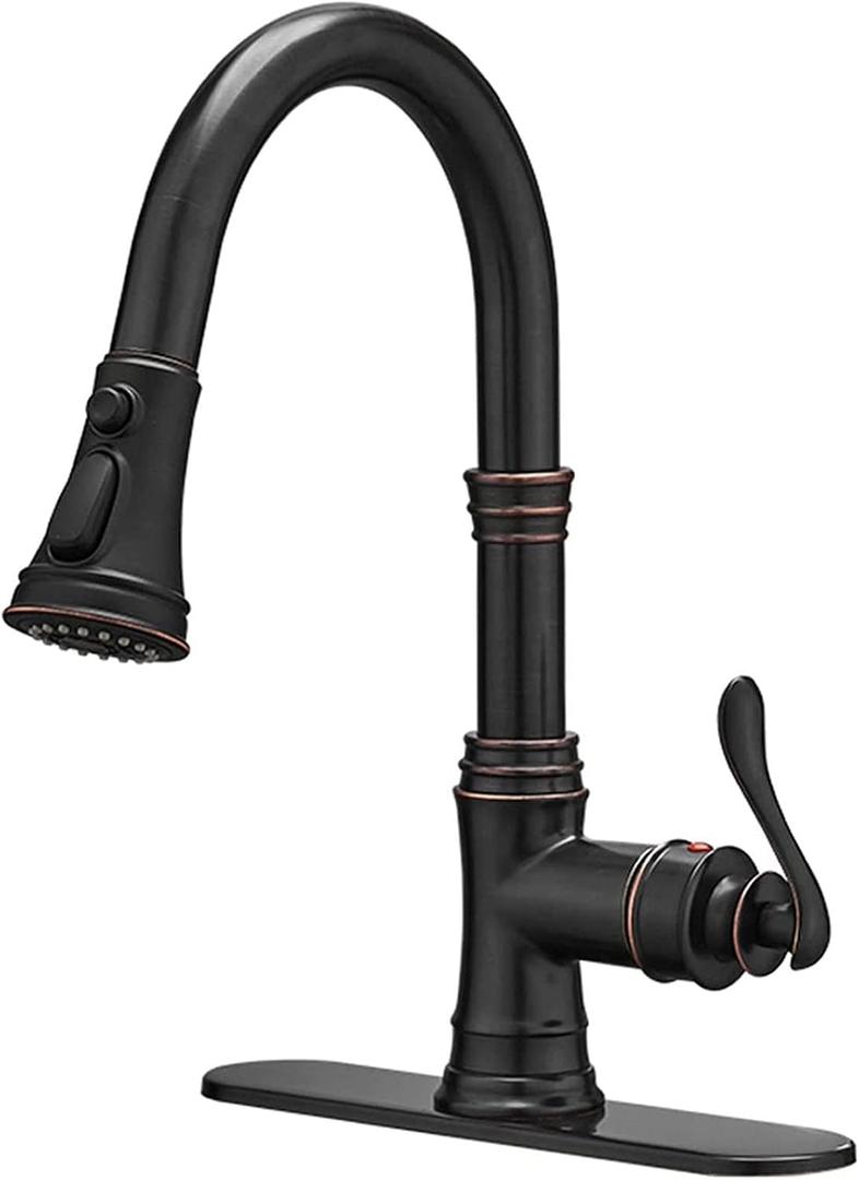 Kitchen Faucet, Oil Rubbed Bronze Finish, 360 Degree Swivel, 20-Inch Retractable Hose, Easy to Install, 3-Hole Mount