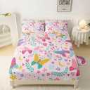 QOOMO Colorful Butterfly Kids Sheet Set, Pink Floral Kawaii Queen Bed Set for Girls,Cartoon Animals Print Soft Breathable Bedding Sets Cute Room Decor, 1 Fitted Sheet, 1 Flat Sheet, 2 Pillow Cases