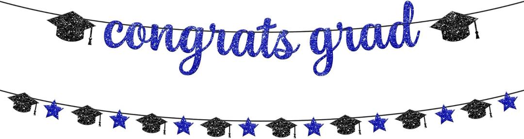 KatchOn, Glitter Congrats Grad Banner - 10 Feet, Pre-Strung | Grad Garland Class of 2025 | Congratulations Graduate Banners 2025 | Graduation Party Decorations | Graduation Decorations 2025 (Blue)