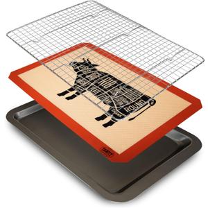 Trinity Provisions Meat Resting Pan - With Wire Rack and Silicone Baking Mat - Dishwasher and Oven Safe Stainless Steel, for Cooking and Cooling Steak, BBQ, Bacon, & More (9" x 13")