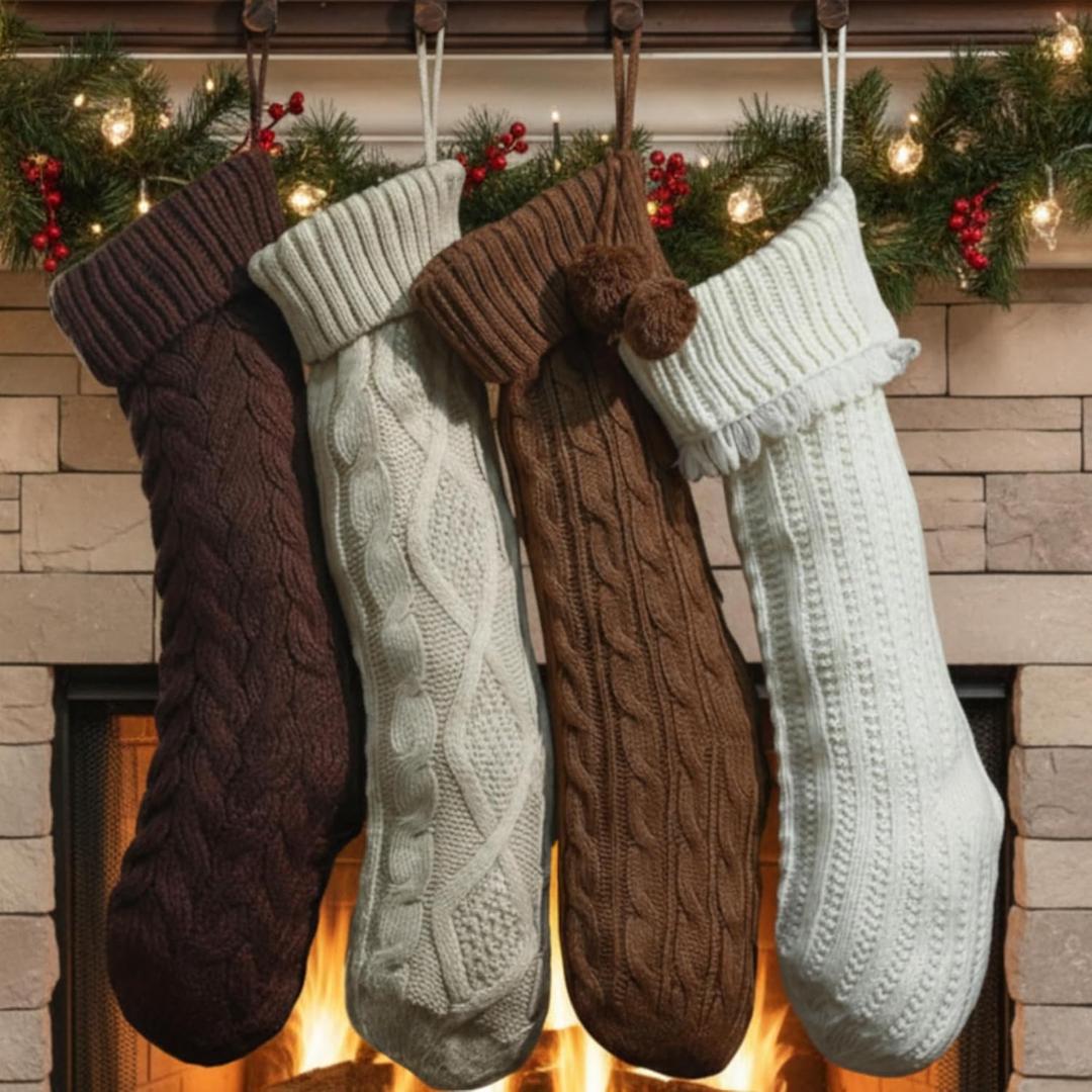 Shyyween 4 Pack Cable Knit Christmas Stockings 18 Inch Farmhouse Large Rustic Neutral Knitted Stockings Ornaments Hanging Xmas Decorations for Family Holiday Party Decor (Classic Style)