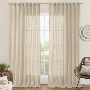 LAMIT Extra Wide Linen Curtains for Bedroom, Natural Light Filtering Faux Linen Textured Panels Semi Sheer Back Tab and Rod Pocket Boho Drapes for Living Room/Farmhouse, 2 Panels, Linen, 60 x 84 Inch