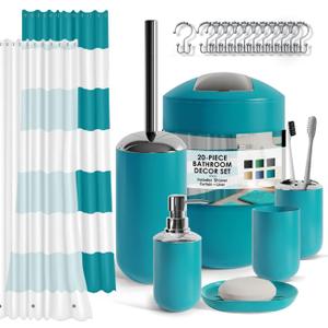 Clara Clark Bathroom Set - Teal Bathroom Accessories Set, 20PC Bathroom Accessory Set, Shower Curtain Set with Liner, Toothbrush Holder, Soap Dispenser, Soap Dish, Toilet Brush Holder, and Trash Can