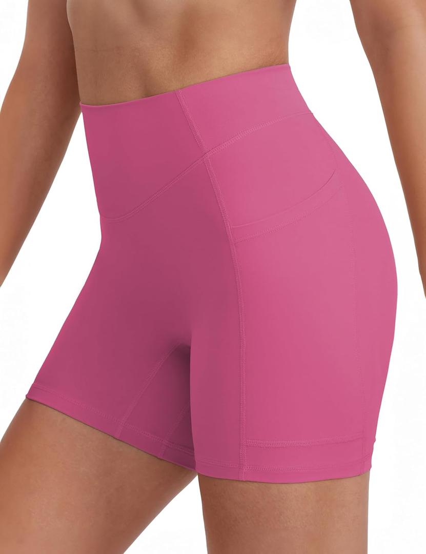 Biker Shorts for Women with Pockets, 5"/8" Spandex Workout Shorts, Lightweight for Summer Cycling Running Yoga Gym (Small, Sonic Pink)