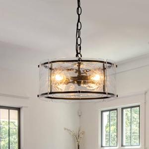Kunlinzhu 11.8" Black Hanging Pendant Light Fixtures,3 Light Small Drum Glass Dining Room Light Fixtures Over Table with Chain,Chandelier for Foyer,Kitchen Island,Dining Room,Bedroom,Breakfast Nook